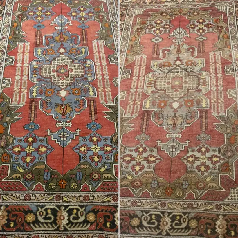 Tapis de Tabriz, les deux états de la même pièce. Reprise de la trame et des velours usés.