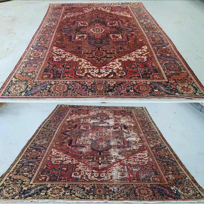 Tapis Heriz, la même pièce avant et après lavage à la main et reprise des usures.