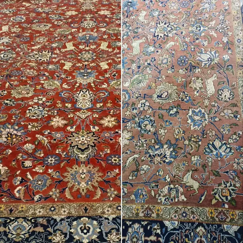 Tapis Kirman, la même pièce avant et après dépoussiérage et bain à la main.